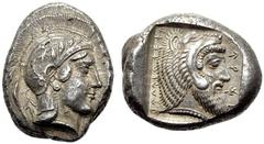 Lycia, Stater, Kherei, 410-390 BC, AR, g 8,50, mm 17, Head of Athena r., wearing crested helmet decorated with a wreath; at l. letter, Rv. Head of Herakles r., wearing leontŽ; at r. Lycian letters. SN