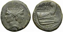 Sextus Pompeius, Pompeia, As, Spain and Sicily (RRC), Spain (BMCRR), 45 BC (RRC), 45-44 BC (BMCRR), AE, g 18,88, mm 30, Laureate head of Janus, with features of Cn. Pompeius Magnus; above, MGN, Rv. Pr