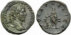 Geta (209-212), Sestertius, Rome, AD 211, AE, g 21,01, mm 30, P SEPTIMIVS GETA PIVS AVG BRIT, laureate head r., Rv. VOTA PVBLICA, Geta, veiled, standing to l. and sacrificing with patera over tripod, 