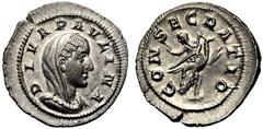 Diva Paulina (Maximinus I, 235-238), Denarius, Rome, AD 236, AR, g 3,04, mm 22, DIVA PAVLINA, veiled and draped bust r., Rv. CONSECRATIO, Paulina, holding sceptre, seated on peacock flying r.. RIC 2; 