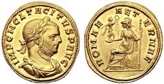 Tacitus (275-276) , Aureus, Ticinum, AD 275-276, AV, g 4,28, mm 20, IMP C M CL TACITVS P AVG, laureate, draped and cuirassed bust r., Rv. ROMAE - AET - ERNAE, Roma seated l. on throne with shield at h