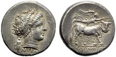 Campania, Didrachm,Neapolis, c. 300-275 BC, AR, (g 7,31, mm 20, h 1). Head of nimph r., wearing hair-band, earring and necklace; behind Artemis with torch, APTEMI below, Rv. NEOΠOΛITΩN, man-faced bull