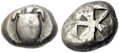 Aegina, Stater,Aegina, c. 550-476 BC, AR, (g 12,68, mm 20, h 11). Sea turtle, Rv. Quadripartite incuse square. SNG Copenhagen 507. Old cabinet tone. Rare. very fine.