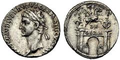Drusus Maior (Claudius, 41-54), Denarius,Rome, AD 41-45, AR, (g 3,79, mm 19, h 9). NERO CLAVDIVS DRVSVS GERMANICVS IMP, laureate head l., Rv. Triumphal arch surmounted by equestrian statue of Drusus M