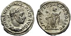 Elagabalo (218-222), Denarius,Antioch, c. AD 218-222, AR, (g 2,19, mm 19, h 6). IMP ANTONINVS - PIVS AVG, laureate and draped bust r., horned, Rv. INVI[C]TVS SACERDOS AVG, emperor standing l., sacrifi