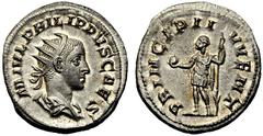 Philip II, as caesar (Philip I, 244-249), Antoninianus,Rome, AD 244-246, AR, (g 4,18, mm 22, h 6). M IVL PHILIPPVS CAES, radiate, draped and cuirassed bust r., Rv. PRINCIPI I - VVENT, Philip II standi