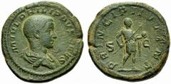 Philip II, as caesar (Philip I, 244-249), Sestertius,Rome, AD 244-246, AE, (g 24,63, mm 33, h 1). M IVL PHILIPPVS [C]AES, draped bust r., Rv. PRINCIPI IVVENT, Philip II standing r., holding spear and 