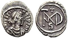 Ostrogoti (?) Mathasunta (a nome di Giustiniano I, 537-553), Half siliqua,AR, (g 1,21, mm 12, h 1). D N IVSTINI-ANVS P P AI, busto diademato, drappeggiato e corazzato a d, Rv. Rv.: Monogram. MIB I, 53