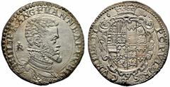 Filippo II (1556-1598), Mezzo ducato,Napoli, AR, (g 14,50, mm 33, h 9). PHILIP⋅R⋅ANG⋅FRAN⋅NEAPPPR⋅HIS, bust of king r.; at l. IBR, Rv. POPVLOR⋅SECVRITATI,coronated coat of arms. MIR 159/1; Pannuti-Ric