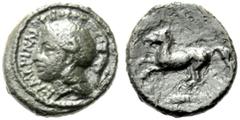 Monete greche / Greek Coins Sicilia, Tetras, Camarina, c. 425-405 a.C., AE, (g 3,34, mm 16, h 6). KAMAPINAIΩN, testa di Atena con elmo attico crestato a s., Rv. Cavallo a s. in ex. spiga. CNS III, 42.