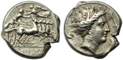 Monete greche / Greek Coins Sicilia, Tetradramma, Lilybaion, c. 330-305 a.C., AR, (g 17,2, mm 24,66, h 4). Auriga conduce quadriga a d., sopra Nike a l. lo incorona, in ex. lettere puniche, Rv. Testa 
