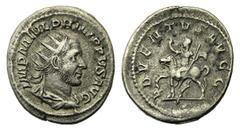 Monete romane imperiali / The Roman Empire Filippo I (244-249), Antoniniano, Roma, 244-247 d.C., AR, (g 4,63, mm 24, h 6). Busto radiato, drappeggiato e corazzato a d., Rv. L’imperatore a cavallo vers
