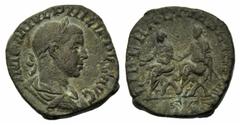 Monete romane imperiali / The Roman Empire Filippo II (247-249), Sesterzio, Roma, 249 d.C., AE, (g 16,88, mm 28, h 1). Busto laureato, drappeggiato e corazzato a d., Rv. Filippo I e Filippo II seduti 
