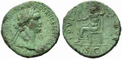 Domitian (81-96) Sestertius,Rome, AD 92-94, AE, (g 23,23, mm 33, h 6). IMP C[AES DOMIT] AVG GERM - COS XVI CENS [PER P P], laureate head r., Rv. IOVI - VI[CT]ORI, Jupiter seated l., holding Victory an