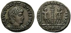 Constantius II as caesar (Constantine I, 306-337), Nummus,Antioch, AD 335-337, AE, (g 1,81, mm 15, h 5). Laureate and cuirassed bust r., Rv. Two soldiers; between them, standard. RIC VII 110. Very rar