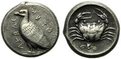 Sicily, Tetradrachm,Akragas, c. 420-406 BC, AR, (g 17,15, mm 24, h 4). AKPAC-ANTOS, eagle standing l., Rv. Crab; below floral ornament. All within incuse square. SNG ANS 983; SNG Copenhagen 44.Very r