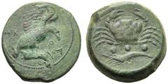 Sicily, Tetras,Akragas, c. 425-406 BC, AE, (g 10,20, mm 23, h 6). AKPA, eagle standing r. with hare with talons, Rv. Crab; below three pellets and crayfish. CNS I, n. 54; SNG ANS 1042.Green patina. E