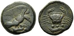 Sicily, Tetras,Akragas, c. 425-406 BC, AE, (g 7,25, mm 20, h 9). AK-PA, eagle flying r., holding hare with talons, Rv. Crab; below three pellets and crayfish. CNS I, n. 54; SNG ANS 1041.Dark green pa