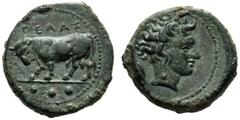 Sicily, Tetras,Gela, c. 420-405 BC, AE, (g 4,06, mm 18, h 2). GE?AS, bull butting l.; in ex. three pellets, Rv. Head of river-god r.; at l. barley-grain. CNS III, n. 9; SNG ANS -.Green patina. Tooled