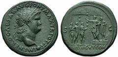 Nero (54-68), Sestertius,Lugdunum, AD 66, AE, (g 29,20, mm 36, h 7). IMP NERO CAESAR AVG PONT MAX TR POT P P, laureate head r., globe at point of bust, Rv. Nero standing l. on low platform with praeto