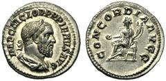 Pupienus (238), Denarius,Rome, April - June AD 238, AR, (g 3,51, mm 19, h 6). IMP C M CLOD PVPIENVS AVG, laureate, draped and cuirassed bust r., Rv. CONCORDIA AVGG, Concordia seated l., holding patera