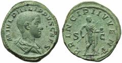 Philip II, as Caesar (Philip I, 244-249), Sestertius,Rome, AD 244-246, AE, (g 22,58, mm 32, h 1). M IVL PHILIPPVS CAES, draped bust r., Rv. PRINCIPI IVVENT, Philip II standing r., holding spear and gl