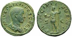 Philip II, as caesar (Philip I, 244-249), Sestertius,Rome, AD 244-246, AE, (g 19,21, mm 30, h 12). M IVL PHILIPPVS CAES, draped bust r., Rv. PRINCIPI I - VVENT, Philip II standing l., holding spear an