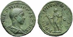 Philip II, as caesar (Philip I, 244-249), Sestertius,Rome, AD 244-246, AE, (g 19,91, mm 31, h 12). M IVL PHILIPPVS CAES, draped bust r., Rv. PRINCIPI IVVENTVTIS, Philip II standing l., holding spear a