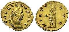 Gallienus (253-268), Quinarius Aureus,Rome, AD 261, AV, (g 2,31, mm 20, h 6). GALLIENVS AVG, laureate and cuirassed bust r., Rv. VIRTV[S] - AVG, Mars standing l., holding globe and sceptre. RIC -; C -