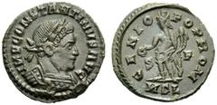 Constantine I (306-337), Nummus,London, AD 315, AE, (g 2,87, mm 20, h 6). IMP CONSTANTINVS AVG, laureate and cuirassed bust r., Rv. GENIO - POP ROM, Genius standing l., holding patera and cornucopiae;
