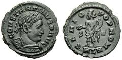 Constantine I (306-337), Nummus,London, AD 315-316, AE, (g 3,08, mm 21, h 7). CONSTANTINVS P AVG, laureate and cuirassed bust r., Rv. GENIO - POP ROM, Genius standing l., holding patera and cornucopia