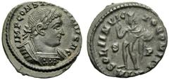 Constantine I (306-337), Nummus,London, AD 316, AE, (g 3,08, mm 20, h 6). IMP CONST[ANTI]NVS AG, laureate and cuirassed bust r., Rv. SOLI INVIC - TO COMITI, Sol standing l., holding globe and raising 