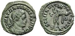 Constantine I (306-337), Nummus,London, AD 316-317, AE, (g 3,48, mm 20, h 6). CONSTANTINVS P F AVG, laureate and cuirassed bust r., Rv. SOLI INVIC - TO COMITI, Sol standing l., holding globe and raisi