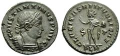 Constantine I (306-337), Nummus,London, AD 317, AE, (g 3,44, mm 20, h 6). CONSTANTINVS P AVG, laureate and cuirassed bust r., Rv. CLARITAS REI PVBLICAE, Sol standing l., holding globe and raising hand