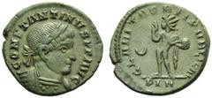 Constantine I (306-337), Nummus,London, AD 318, AE, (g 3,22, mm 18, h 7). CONSTANTINVS P F AVG, laureate and cuirassed bust r., Rv. CLARITAS REI PVBLICAE, Sol standing l., holding globe and raising ha