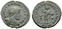 Constantine I (306-337), Nummus,London, AD 318, AE, (g 2,91, mm 21, h 6). CONSTANTINVS P F AVG, laureate and cuirassed bust r., Rv. CLARITAS REI PVBLICAE, Sol standing l., holding globe and raising ha
