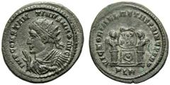Constantine I (306-337), Nummus,London, AD 320, AE, (g 3,28, mm 20, h 5). IMP CONSTAN - TINVS MAX AVG, radiate and mantled bust l., raising hand and holding globe, Rv. VICTORIAE LAETAE PRINC PERP, two