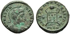 Constantine I (306-337), Nummus,London, AD 322-323, AE, (g 3,35, mm 18, h 6). CONSTAN - TINVS AVG, helmeted and cuirassed bust r., Rv. BEAT TRA *** NQLITAS, globe on altar inscribed VOT / IS / XX; in 