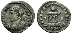 Constantine I (306-337), Nummus,London, AD 322-323, AE, (g 2,86, mm 19, h 6). CONSTA - NTINVS AG, laureate and mantled bust l., holding sceptre, Rv. BEAT TRA *** NQLITAS, globe on altar inscribed VOT 