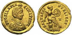 Galla Placidia (Honorius, 393-423), Solidus,Ravenna, AD 422, AV, (g 4,51, mm 20, h 6). D N GALLA PLA - CIDIA P F AVG, diademed and draped bust r., Rv. SALVS REI - PVBLICAE, Victory seated r. on cuiras