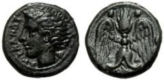 Sicily, Katane, Tetras, c. 405-405 BC; AE (g 1,81; mm 12; h 8); Head of river-god l. with horns and floating hair; at l. AMENANOΣ, dotted border, Rv. K-A, winged thunderbolt; around three pellets. CNS