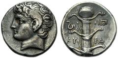 Cyrenaica, Cyrene, Didrachm, c. 380-377 BC; AR (g 7,69; mm 20; h 12); Head of Hermes Parammon l., Rv. KY-PA, silphium between snake and monogr. SNG Copenhagen 1239; BMC 244 ss.Rare variant. Old cabin