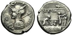 P. Licinius Nerva, Denarius, Rome, 113 or 112 BC; AR (g 3,91; mm 18; h 3); Helmeted bust of Roma l., holding shield and spear; above, crescent; before, *; behind, ROMA, Rv. Voting scene in the Comitiu