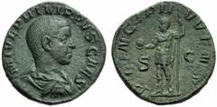 Philip II, as caesar (Philip I, 244-249), Sestertius, Rome, AD 244-246; AE (g 19,57; mm 28; h 12); M IVL PHILIPPVS CAES, draped bust r., Rv. PRINCIPI IVVENT, Philip II standing l., holding spear and g
