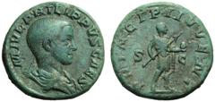 Philip II, as caesar (Philip I, 244-249), As, Rome, AD 244-246; AE (g 9,75; mm 24; h 12); M IVL PHILIPPVS CAES, draped bust r., Rv. PRINCIPI IVVENT, Philip II standing r., holding spear and globe; in 