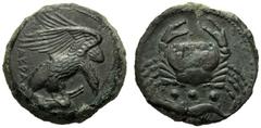 Sicily, Tetras, Akragas, c. 420-406 BC, AE (g 7,93"; mm 18; h 8), AKPA, eagle flying r., holding hare with claws, Rv. Crab; below, three pellets and cryfish l. CNS I, n. 54; SNG Copenhagen 76;" SNG AN