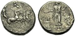 Sicily, Tetradrachm, Himera, Before 405 BC, AR (g 17,17"; mm 23; h 3), Charioteer driving fast quadriga r.; above flying Nike, holding tablet inscribed MAI, in ex., hippocamp, Rv. [IMEPAION], the nymp