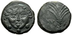 Sicily, Tetras, Motya, c. 415-397 BC, AE (g 4,08"; mm 15; h 3), Gorgoneion; below, three pellets, Rv. Palm three; at sides, punic characters. CNS I, n. 1; SNG Copenhagen -;" SNG ANS -.Very rare, gree