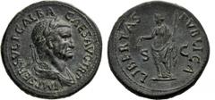 Galba (68-69), Sestertius, Rome, late summer AD 68, AE (g 28,15"; mm 36; h 7), IMP SER SVLP GALBA - CAES AVG TR P, laureate and draped bust r., Rv. LIBERTAS - PVBLICA, Libertas standing l., holding pi