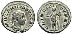 Philip II, as caesar (Philip I, 244-249), Antoninianus, Rome, AD 244-246, AR (g 4,01"; mm 22; h 1), M IVL PHILIPPVS CAES, radiate, draped and cuirassed bust r., Rv. PRINCIPI I - VVENT, Philip II stand